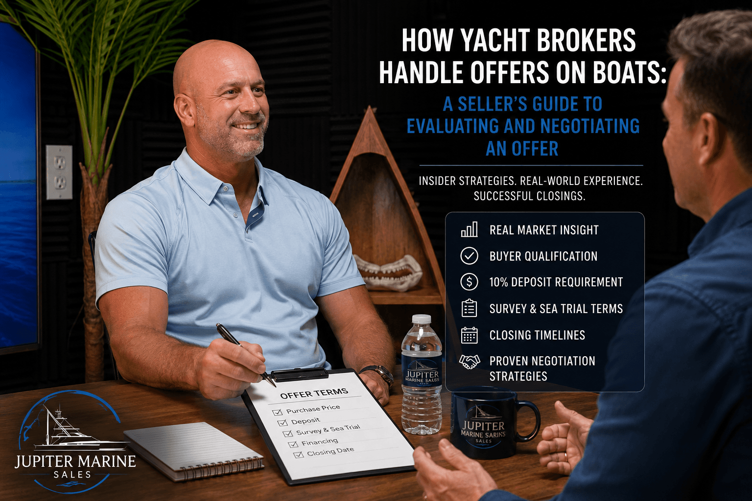 Yacht broker negotiating a boat purchase offer with a buyer at Jupiter Marine Sales