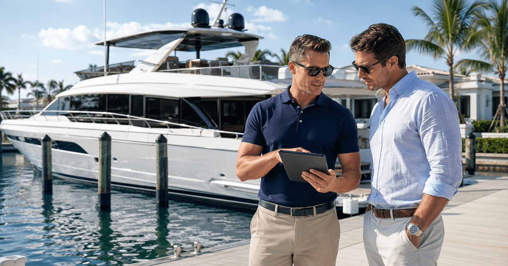 Jupiter Marine Sales yacht broker qualifying a prospective buyer before a private yacht showing at a Florida marina