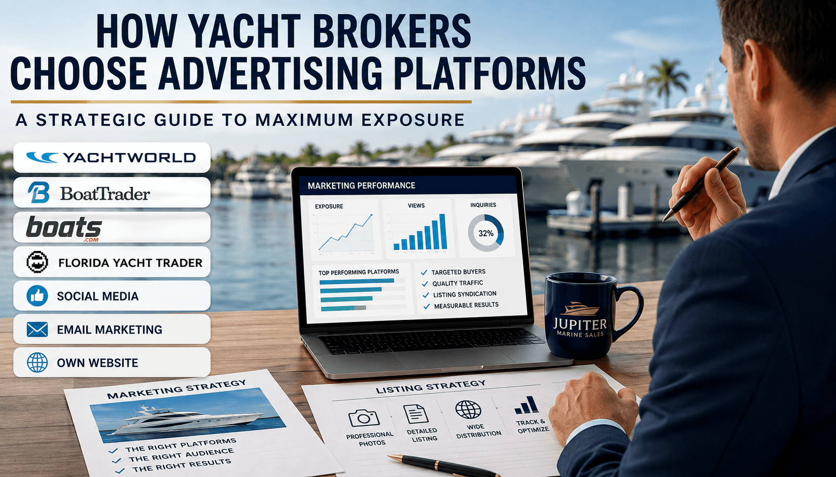 Yacht broker evaluating advertising platforms and marketing strategies to maximize exposure for a yacht for sale