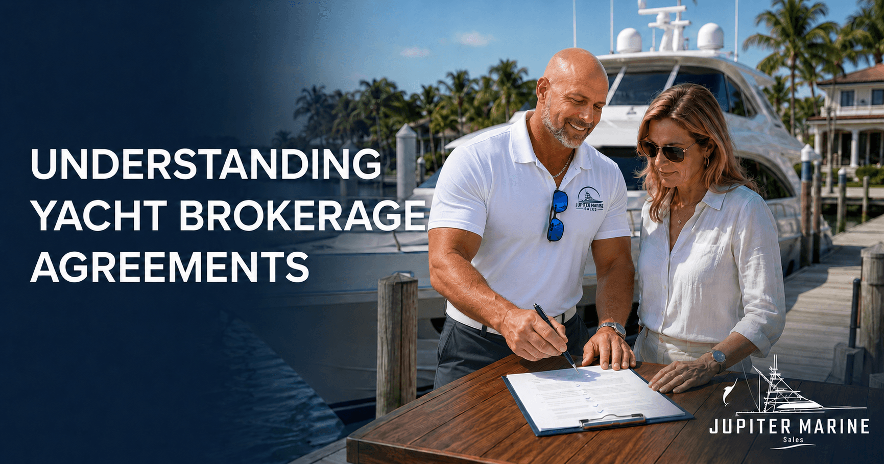 Jupiter Marine Sales yacht broker reviewing a brokerage agreement with a seller beside a luxury yacht