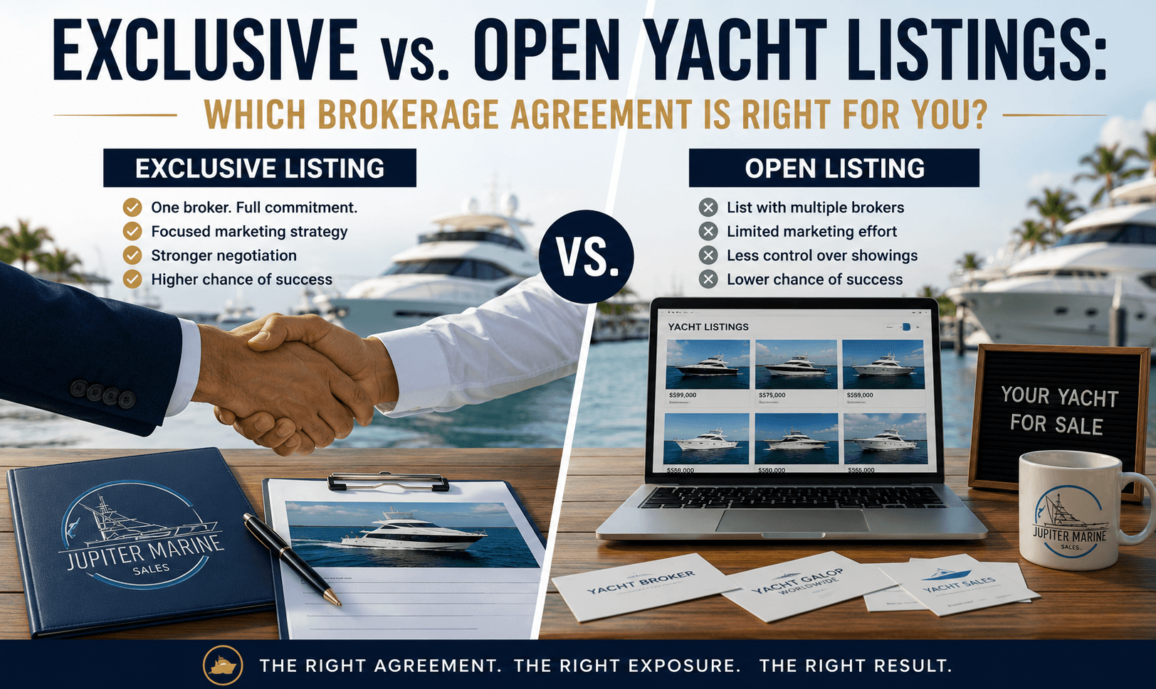Yacht owner and professional broker discussing exclusive and open yacht listing agreements at a Florida marina
